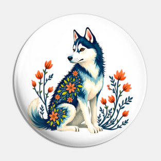 Husky with Floral Patterns and Orange Blossoms Pin