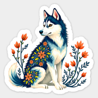 Husky with Floral Patterns and Orange Blossoms Sticker