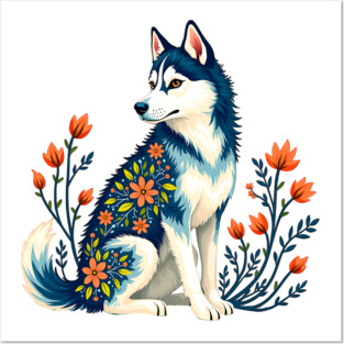 Husky with Floral Patterns and Orange Blossoms Posters and Art