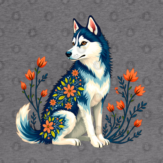 Husky with Floral Patterns and Orange Blossoms by BirdsnStuff