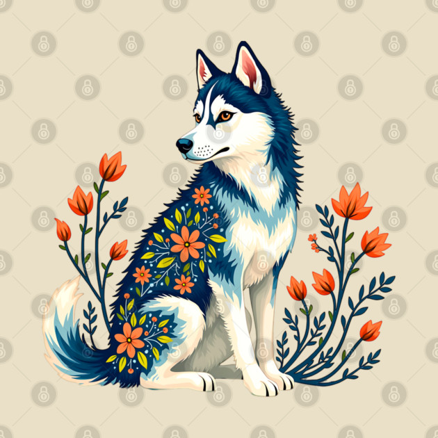 Husky with Floral Patterns and Orange Blossoms by BirdsnStuff