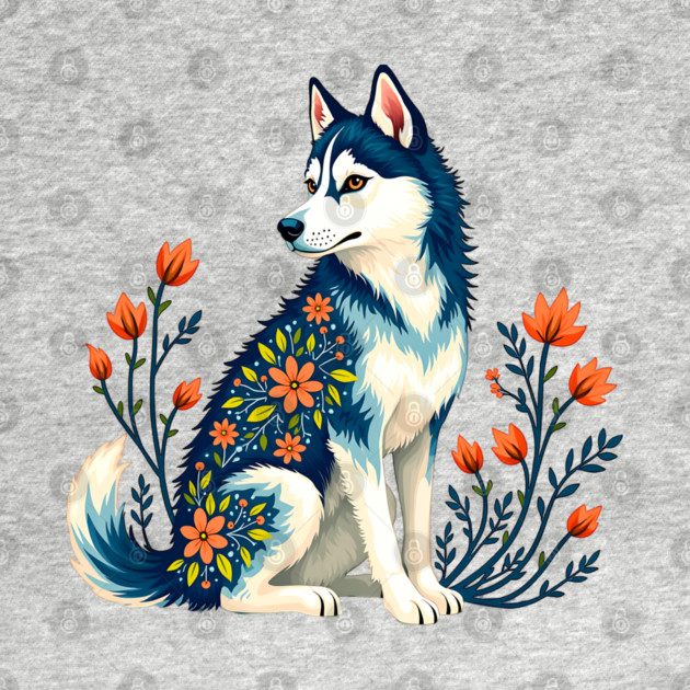Husky with Floral Patterns and Orange Blossoms by BirdsnStuff
