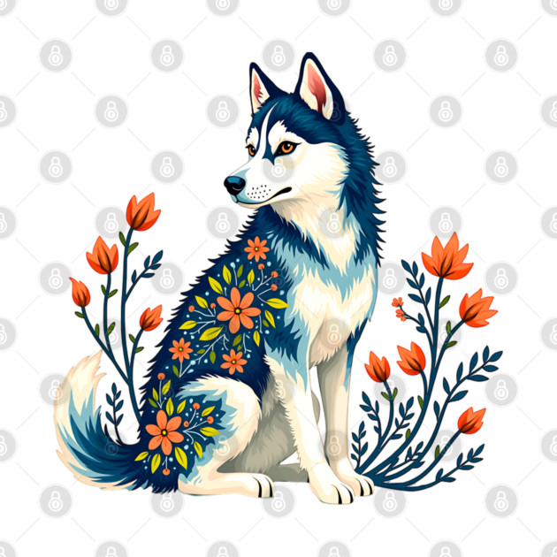 Husky with Floral Patterns and Orange Blossoms by BirdsnStuff