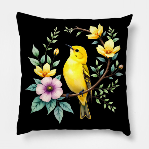 Yellow Warbler on Floral Branch - Colorful Nature Art Pillow by BirdsnStuff
