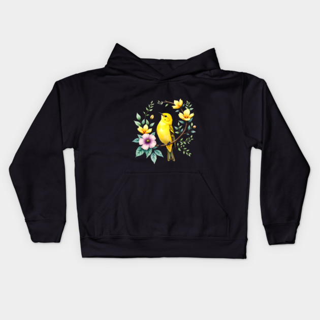 Yellow Warbler on Floral Branch - Colorful Nature Art Kids Hoodie by BirdsnStuff