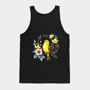 Yellow Warbler on Floral Branch - Colorful Nature Art Tank Top