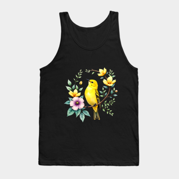 Yellow Warbler on Floral Branch - Colorful Nature Art Tank Top by BirdsnStuff