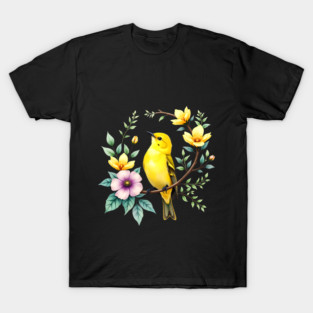 Yellow Warbler on Floral Branch - Colorful Nature Art T-Shirt