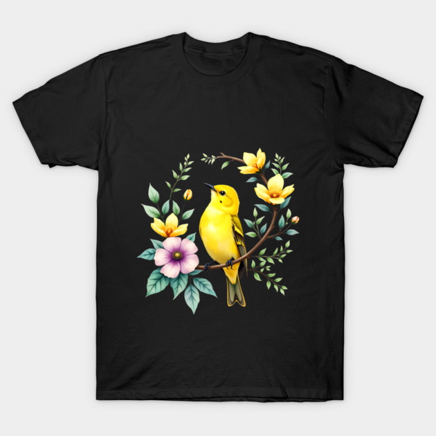 Yellow Warbler on Floral Branch - Colorful Nature Art T-Shirt by BirdsnStuff