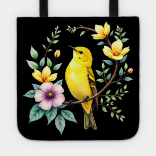 Yellow Warbler on Floral Branch - Colorful Nature Art Tote