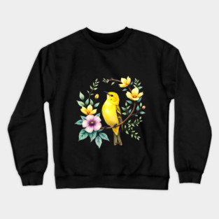 Yellow Warbler on Floral Branch - Colorful Nature Art Crewneck Sweatshirt