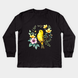 Yellow Warbler on Floral Branch - Colorful Nature Art Kids Long Sleeve T-Shirt