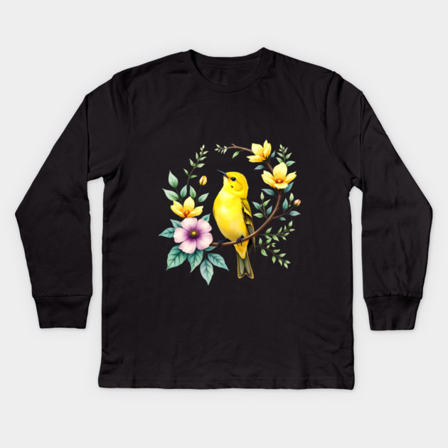 Yellow Warbler on Floral Branch - Colorful Nature Art Kids Long Sleeve T-Shirt by BirdsnStuff
