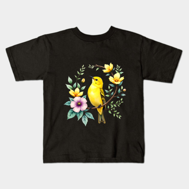 Yellow Warbler on Floral Branch - Colorful Nature Art Kids T-Shirt by BirdsnStuff
