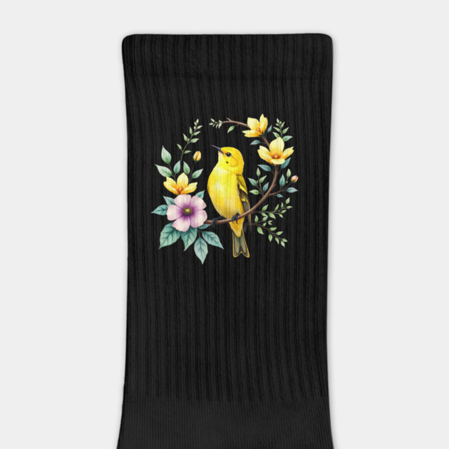 Yellow Warbler on Floral Branch - Colorful Nature Art by BirdsnStuff