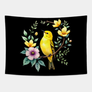 Yellow Warbler on Floral Branch - Colorful Nature Art Tapestry