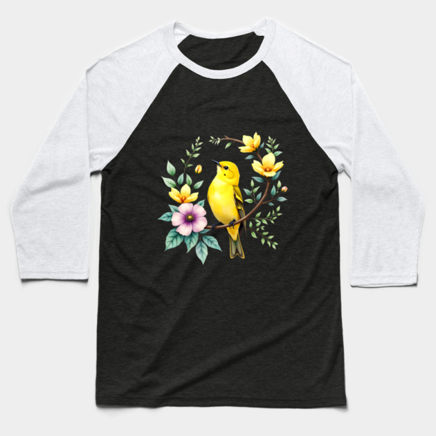 Yellow Warbler on Floral Branch - Colorful Nature Art Baseball T-Shirt by BirdsnStuff