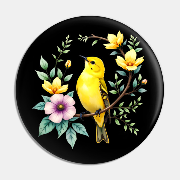 Yellow Warbler on Floral Branch - Colorful Nature Art Pin by BirdsnStuff