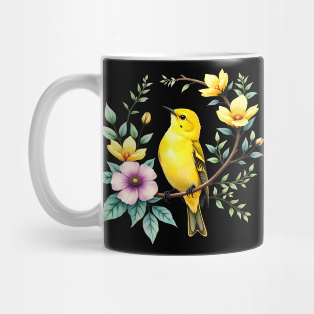 Yellow Warbler on Floral Branch - Colorful Nature Art by BirdsnStuff