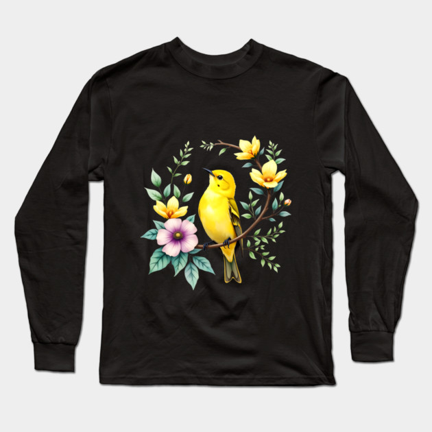 Yellow Warbler on Floral Branch - Colorful Nature Art Long Sleeve T-Shirt by BirdsnStuff