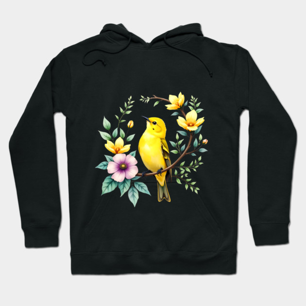 Yellow Warbler on Floral Branch - Colorful Nature Art Hoodie by BirdsnStuff