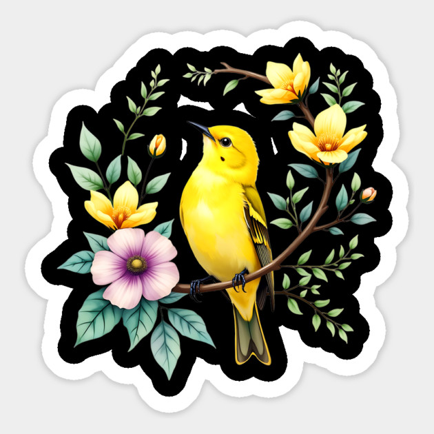 Yellow Warbler on Floral Branch - Colorful Nature Art Magnet by BirdsnStuff