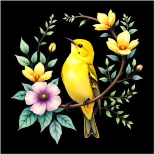 Yellow Warbler on Floral Branch - Colorful Nature Art Posters and Art