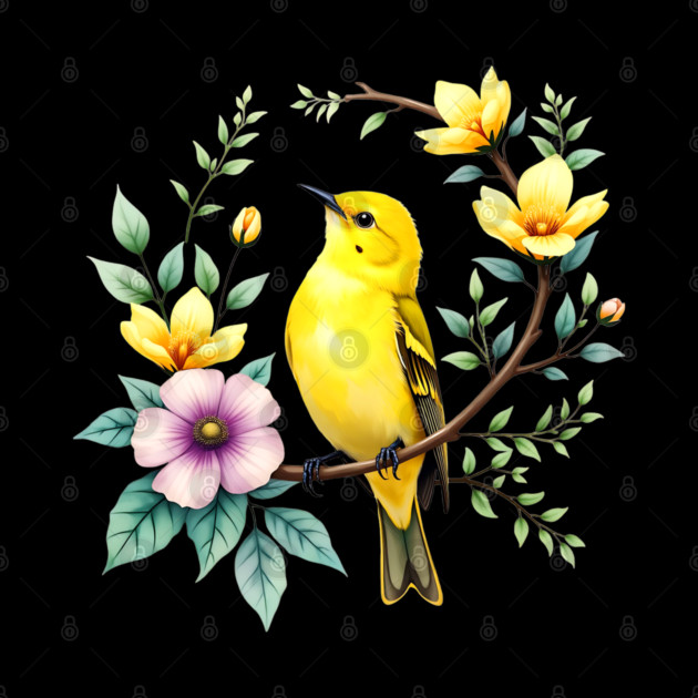 Yellow Warbler on Floral Branch - Colorful Nature Art by BirdsnStuff