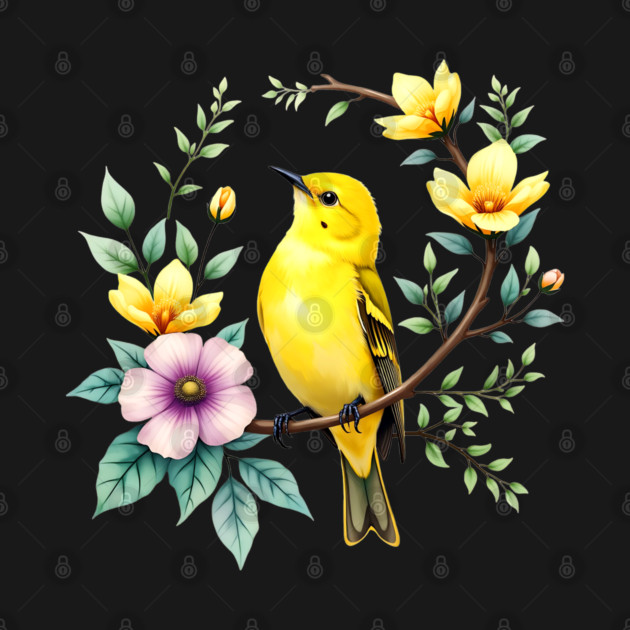 Yellow Warbler on Floral Branch - Colorful Nature Art by BirdsnStuff