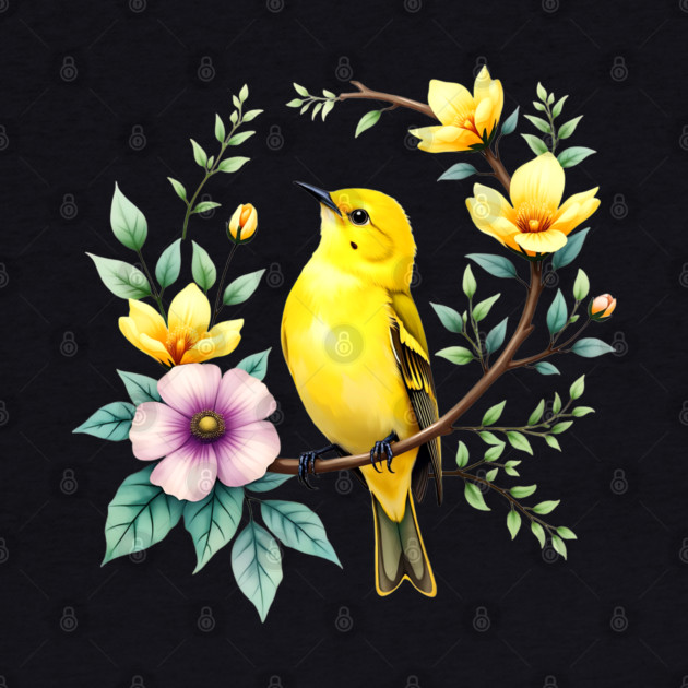 Yellow Warbler on Floral Branch - Colorful Nature Art by BirdsnStuff