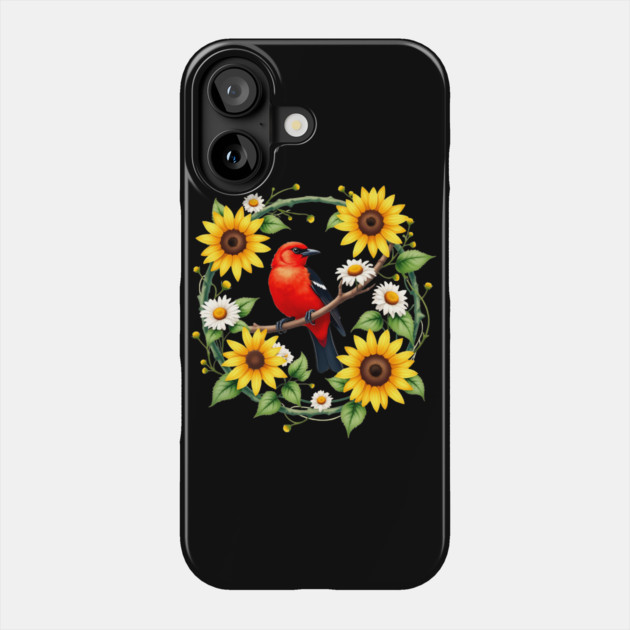 Scarlet Bird in Sunflower and Daisy Wreath Design Phone Case by BirdsnStuff