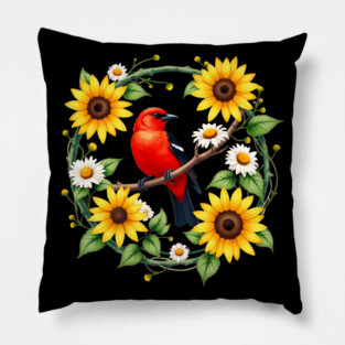 Scarlet Bird in Sunflower and Daisy Wreath Design Pillow
