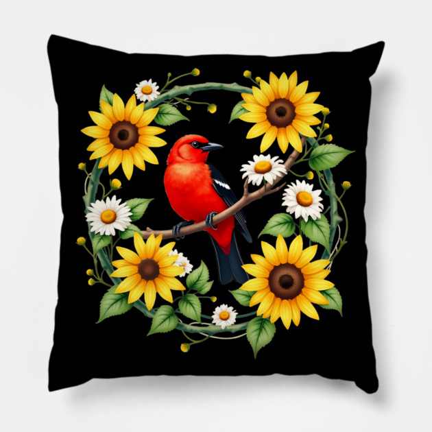 Scarlet Bird in Sunflower and Daisy Wreath Design Pillow by BirdsnStuff