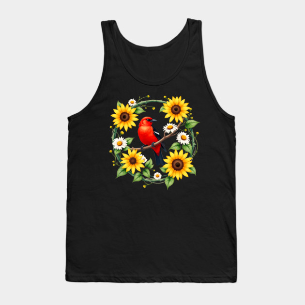 Scarlet Bird in Sunflower and Daisy Wreath Design Tank Top by BirdsnStuff