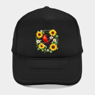 Scarlet Bird in Sunflower and Daisy Wreath Design Hat