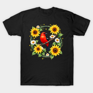 Scarlet Bird in Sunflower and Daisy Wreath Design T-Shirt