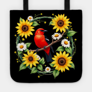 Scarlet Bird in Sunflower and Daisy Wreath Design Tote