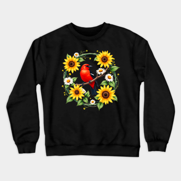 Scarlet Bird in Sunflower and Daisy Wreath Design Crewneck Sweatshirt by BirdsnStuff