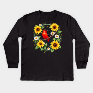 Scarlet Bird in Sunflower and Daisy Wreath Design Kids Long Sleeve T-Shirt