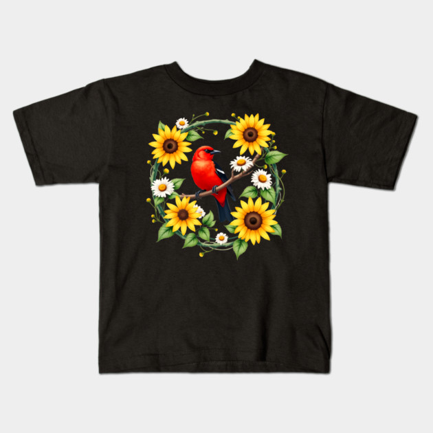 Scarlet Bird in Sunflower and Daisy Wreath Design Kids T-Shirt by BirdsnStuff