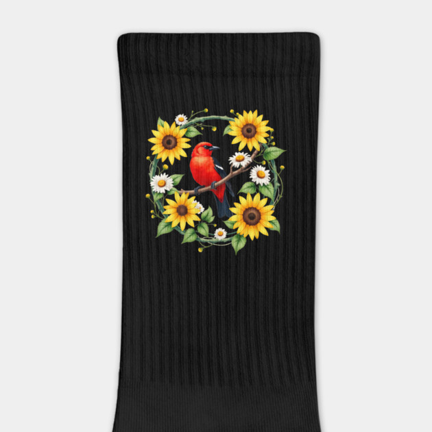 Scarlet Bird in Sunflower and Daisy Wreath Design by BirdsnStuff