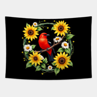 Scarlet Bird in Sunflower and Daisy Wreath Design Tapestry