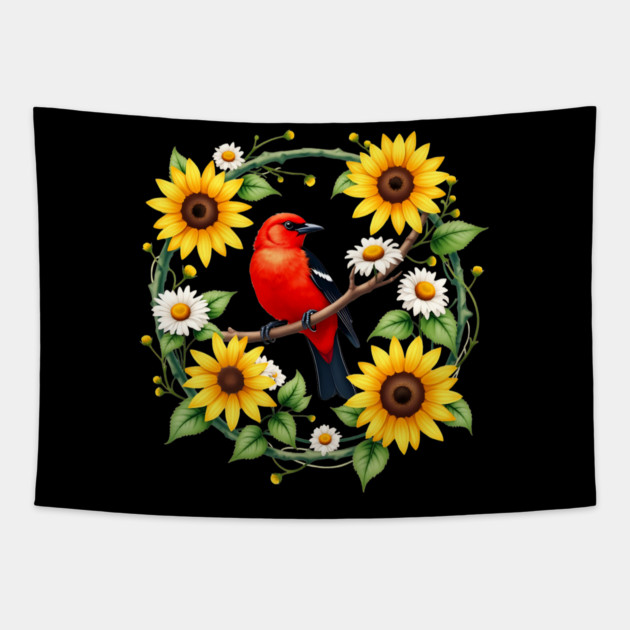 Scarlet Bird in Sunflower and Daisy Wreath Design Tapestry by BirdsnStuff