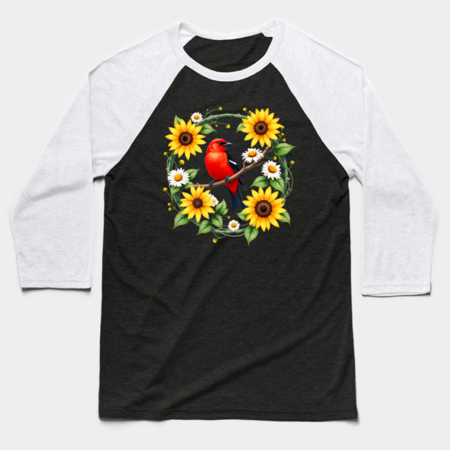 Scarlet Bird in Sunflower and Daisy Wreath Design Baseball T-Shirt by BirdsnStuff