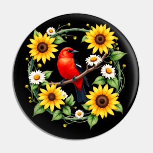 Scarlet Bird in Sunflower and Daisy Wreath Design Pin