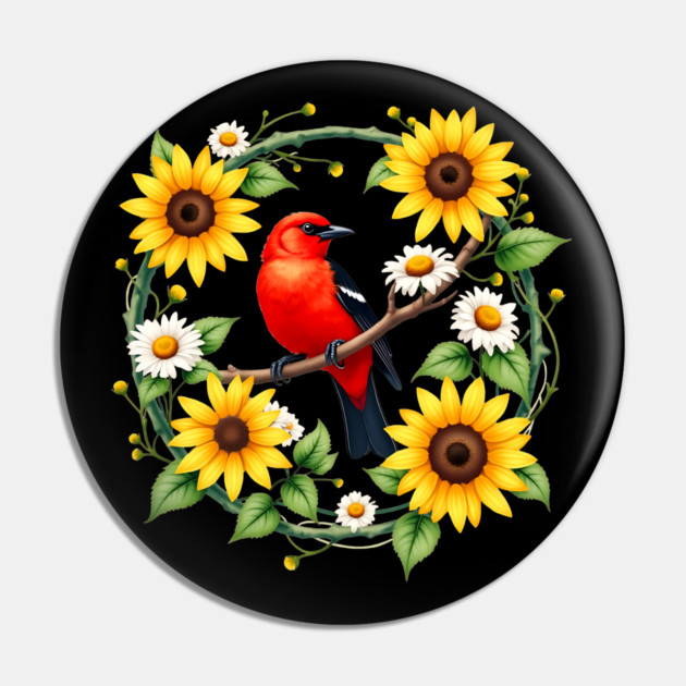 Scarlet Bird in Sunflower and Daisy Wreath Design Pin by BirdsnStuff
