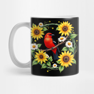 Scarlet Bird in Sunflower and Daisy Wreath Design Mug