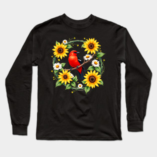 Scarlet Bird in Sunflower and Daisy Wreath Design Long Sleeve T-Shirt