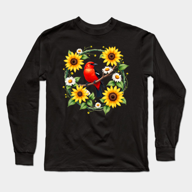 Scarlet Bird in Sunflower and Daisy Wreath Design Long Sleeve T-Shirt by BirdsnStuff