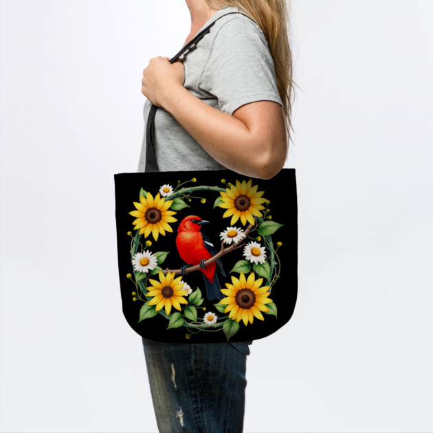 Scarlet Bird in Sunflower and Daisy Wreath Design by BirdsnStuff